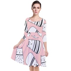 Cute Cats Cartoon Seamless-pattern Quarter Sleeve Waist Band Dress by Apen