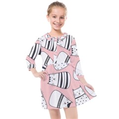 Cute Cats Cartoon Seamless-pattern Kids  Quarter Sleeve Shirt Dress by Apen