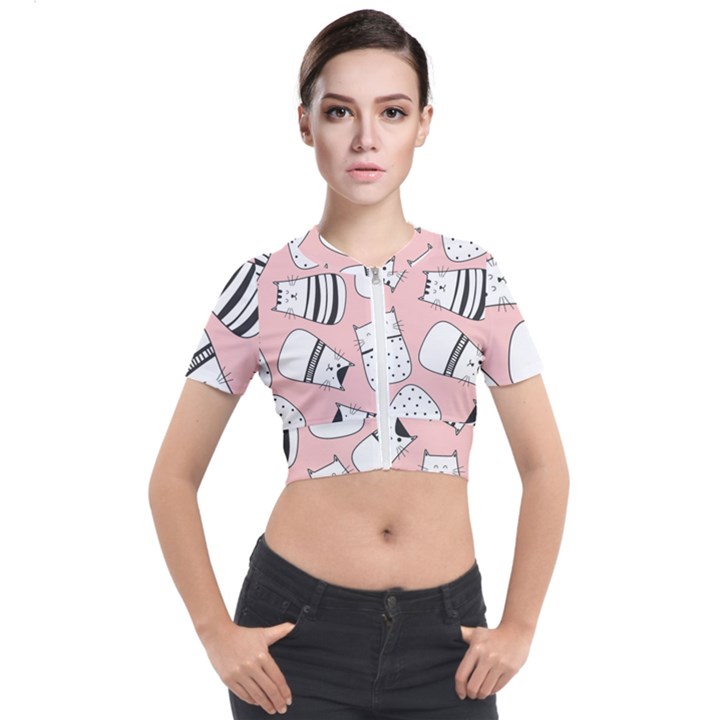 Cute Cats Cartoon Seamless-pattern Short Sleeve Cropped Jacket