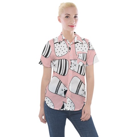 Cute Cats Cartoon Seamless-pattern Women s Short Sleeve Pocket Shirt by Apen