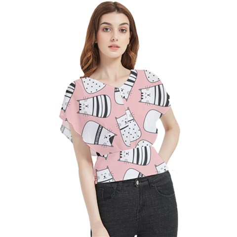 Cute Cats Cartoon Seamless-pattern Butterfly Chiffon Blouse by Apen