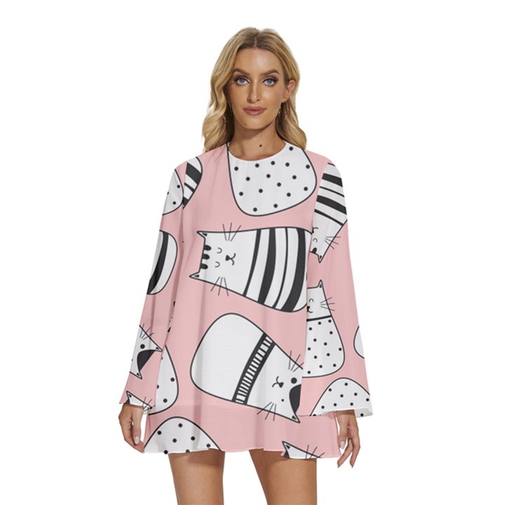 Cute Cats Cartoon Seamless-pattern Round Neck Long Sleeve Bohemian Style Chiffon Mini Dress