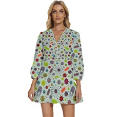 Seamless Pattern With Viruses V-neck Placket Mini Dress by Apen