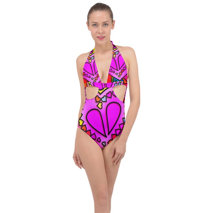 Stained Glass Love Heart Halter Front Plunge Swimsuit