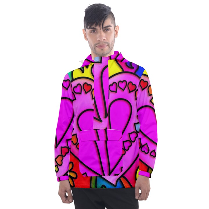 Stained Glass Love Heart Men s Front Pocket Pullover Windbreaker