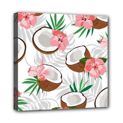 Seamless Pattern Coconut Piece Palm Leaves With Pink Hibiscus Mini Canvas 8  X 8  (stretched) by Apen