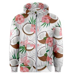 Seamless Pattern Coconut Piece Palm Leaves With Pink Hibiscus Men s Zipper Hoodie