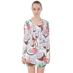 Seamless Pattern Coconut Piece Palm Leaves With Pink Hibiscus V-neck Bodycon Long Sleeve Dress by Apen