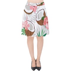 Seamless Pattern Coconut Piece Palm Leaves With Pink Hibiscus Velvet High Waist Skirt by Apen