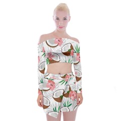 Seamless Pattern Coconut Piece Palm Leaves With Pink Hibiscus Off Shoulder Top With Mini Skirt Set by Apen