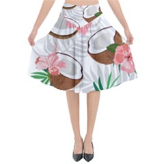 Seamless Pattern Coconut Piece Palm Leaves With Pink Hibiscus Flared Midi Skirt by Apen