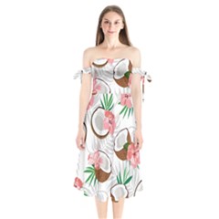 Seamless Pattern Coconut Piece Palm Leaves With Pink Hibiscus Shoulder Tie Bardot Midi Dress by Apen