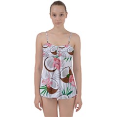 Seamless Pattern Coconut Piece Palm Leaves With Pink Hibiscus Babydoll Tankini Set by Apen