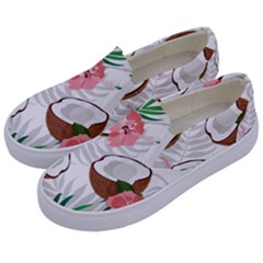 Seamless Pattern Coconut Piece Palm Leaves With Pink Hibiscus Kids  Canvas Slip Ons by Apen