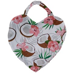 Seamless Pattern Coconut Piece Palm Leaves With Pink Hibiscus Giant Heart Shaped Tote by Apen