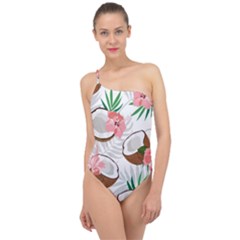 Seamless Pattern Coconut Piece Palm Leaves With Pink Hibiscus Classic One Shoulder Swimsuit by Apen