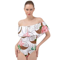 Seamless Pattern Coconut Piece Palm Leaves With Pink Hibiscus Off Shoulder Velour Bodysuit  by Apen