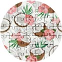 Seamless Pattern Coconut Piece Palm Leaves With Pink Hibiscus Wooden Puzzle Round View1