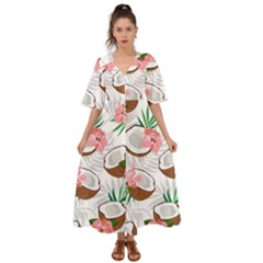 Seamless Pattern Coconut Piece Palm Leaves With Pink Hibiscus Kimono Sleeve Boho Dress by Apen