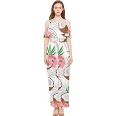 Seamless Pattern Coconut Piece Palm Leaves With Pink Hibiscus Draped Sleeveless Chiffon Jumpsuit by Apen