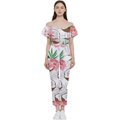 Seamless Pattern Coconut Piece Palm Leaves With Pink Hibiscus Bardot Ruffle Jumpsuit by Apen