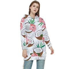 Seamless Pattern Coconut Piece Palm Leaves With Pink Hibiscus Women s Long Oversized Pullover Hoodie by Apen