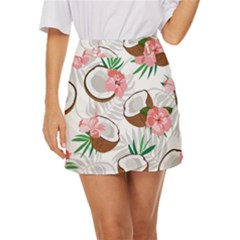 Seamless Pattern Coconut Piece Palm Leaves With Pink Hibiscus Mini Front Wrap Skirt by Apen