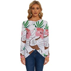 Seamless Pattern Coconut Piece Palm Leaves With Pink Hibiscus Long Sleeve Crew Neck Pullover Top by Apen