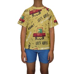 Childish Seamless Pattern With Dino Driver Kids  Short Sleeve Swimwear by Apen