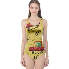 Childish Seamless Pattern With Dino Driver One Piece Swimsuit by Apen