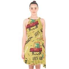 Childish Seamless Pattern With Dino Driver Halter Collar Waist Tie Chiffon Dress by Apen