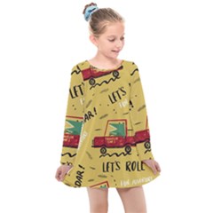 Childish Seamless Pattern With Dino Driver Kids  Long Sleeve Dress by Apen