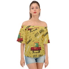 Childish Seamless Pattern With Dino Driver Off Shoulder Short Sleeve Top by Apen