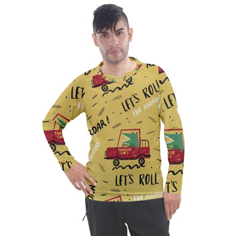 Childish Seamless Pattern With Dino Driver Men s Pique Long Sleeve T-shirt by Apen