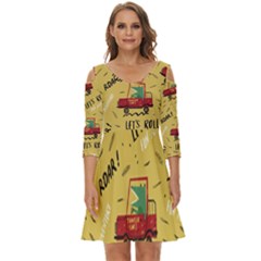 Childish Seamless Pattern With Dino Driver Shoulder Cut Out Zip Up Dress by Apen