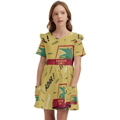 Childish Seamless Pattern With Dino Driver Kids  Frilly Sleeves Pocket Dress by Apen