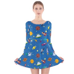 Space Rocket Solar System Pattern Long Sleeve Velvet Skater Dress by Apen