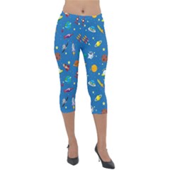 Space Rocket Solar System Pattern Lightweight Velour Capri Leggings  by Apen