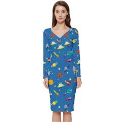 Space Rocket Solar System Pattern Long Sleeve V-neck Bodycon Dress  by Apen