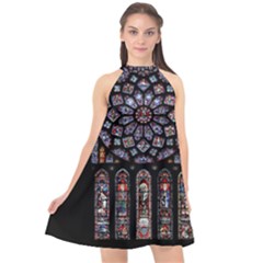 Chartres Cathedral Notre Dame De Paris Stained Glass Halter Neckline Chiffon Dress 