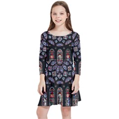 Chartres Cathedral Notre Dame De Paris Stained Glass Kids  Quarter Sleeve Skater Dress by Maspions