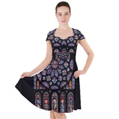 Chartres Cathedral Notre Dame De Paris Stained Glass Cap Sleeve Midi Dress by Maspions