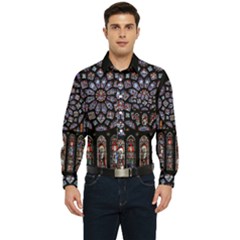 Chartres Cathedral Notre Dame De Paris Stained Glass Men s Long Sleeve Pocket Shirt  by Maspions