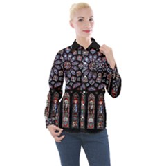 Chartres Cathedral Notre Dame De Paris Stained Glass Women s Long Sleeve Pocket Shirt