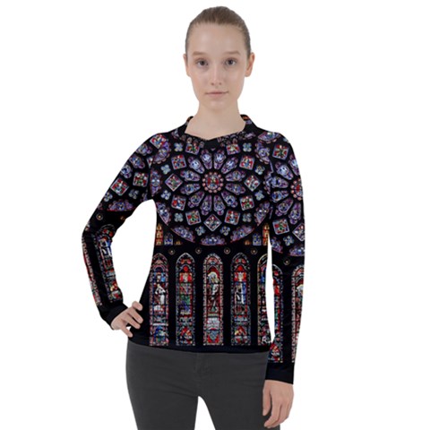 Chartres Cathedral Notre Dame De Paris Stained Glass Women s Pique Long Sleeve T-shirt by Maspions