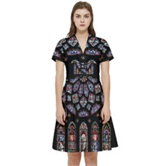 Chartres Cathedral Notre Dame De Paris Stained Glass Short Sleeve Waist Detail Dress