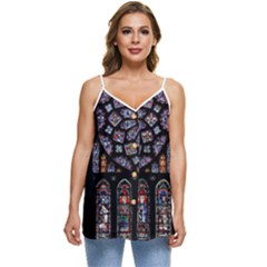 Chartres Cathedral Notre Dame De Paris Stained Glass Casual Spaghetti Strap Chiffon Top