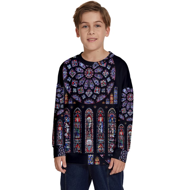 Chartres Cathedral Notre Dame De Paris Stained Glass Kids  Crewneck Sweatshirt