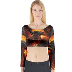 Dragon Fire Fantasy Art Long Sleeve Crop Top