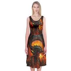 Dragon Fire Fantasy Art Midi Sleeveless Dress